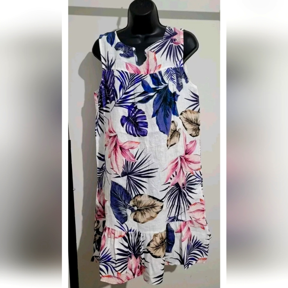 100% Linen Floral Italian Midi Dress M